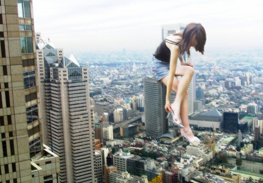 Mini giantess walking around building advert pictures