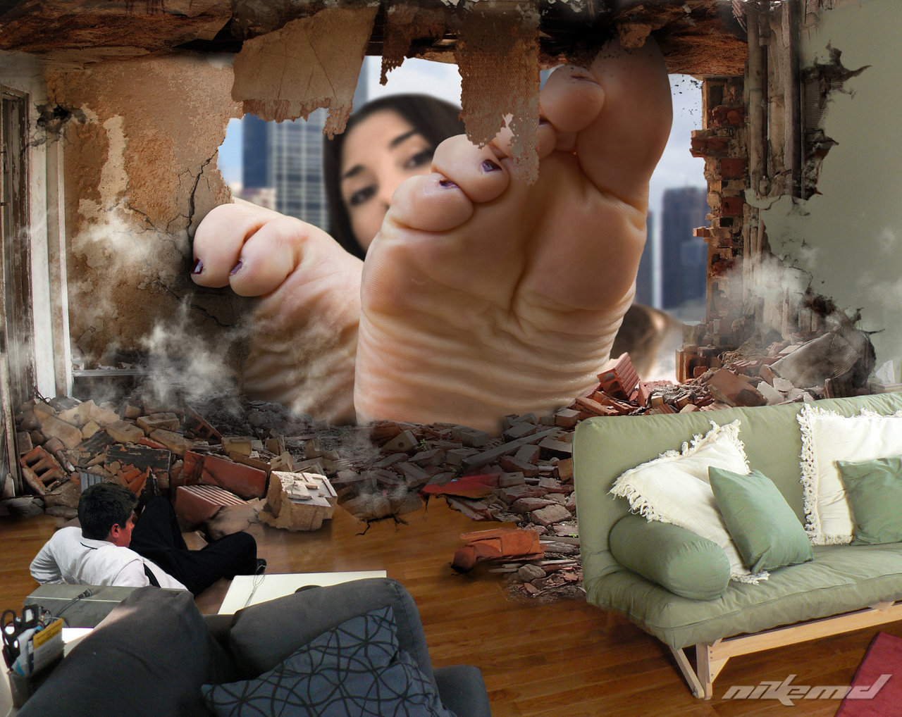156406 - apartment barefoot collage damage destruction giantess hole looking_at_viewer looking_inside man nikemd pedicure sofa soles