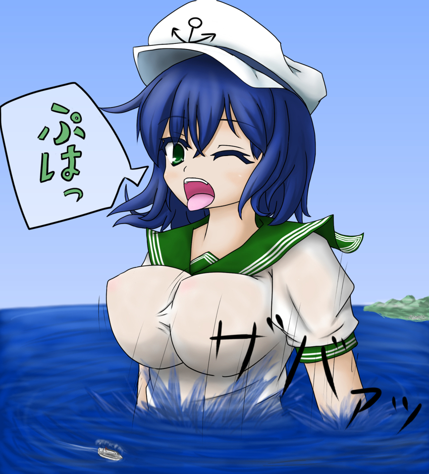 158777 - anime breasts cruise_ship drawing giantess mega_giantess sea_front splashing touhou