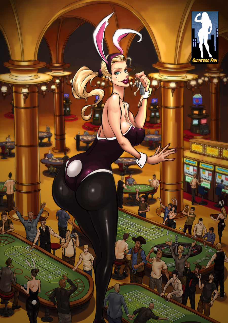 160414 - blonde blue_eyes bunny_suit casino clothed drawing giantess hand_held indoors las_vegas lipstick mole ponytail