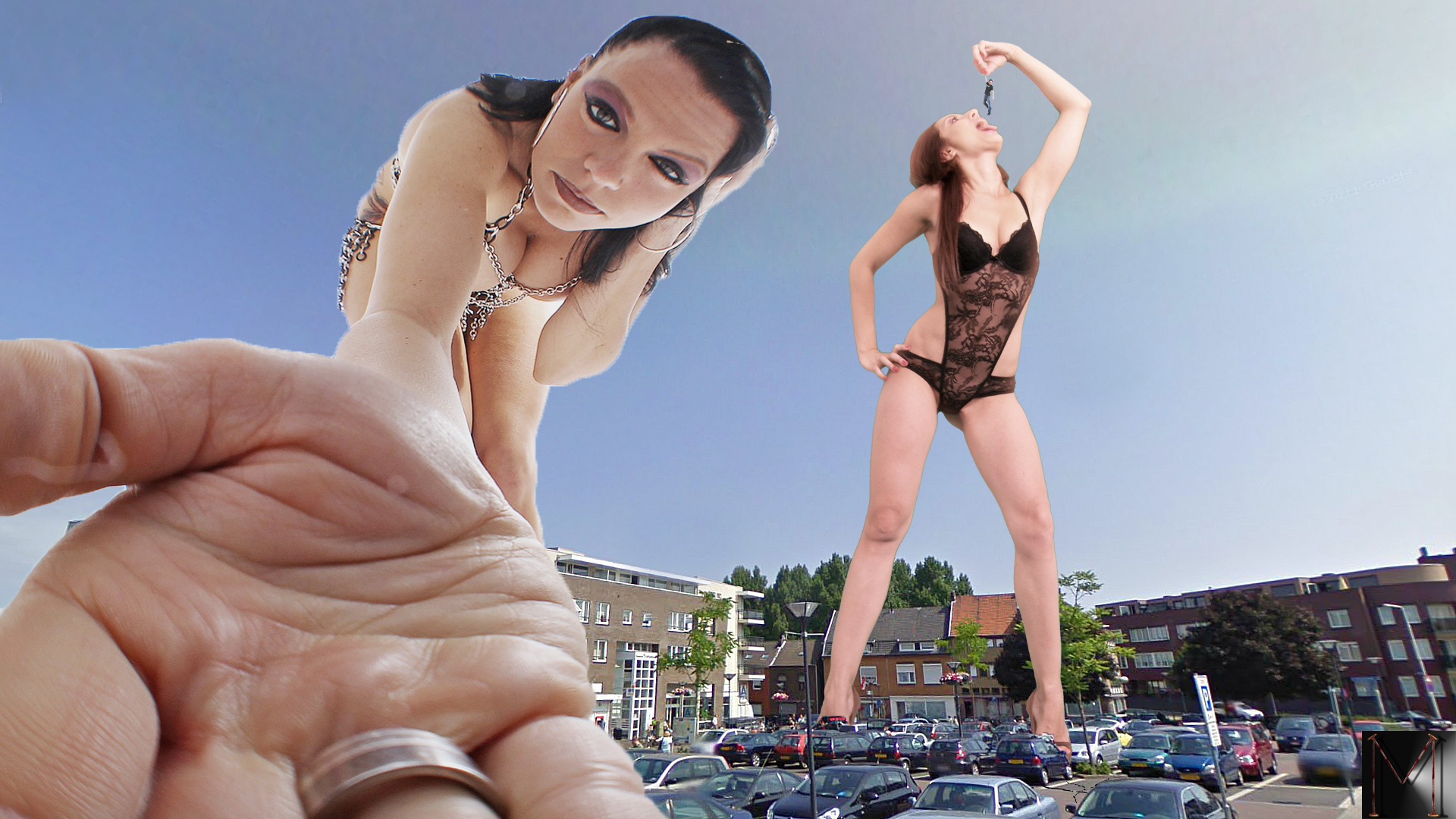 160528 - between_fingers buildings cleavage collage dangle giantess hand looking_at_victim marcrtr open_mouth parking_lot point_of_view vore
