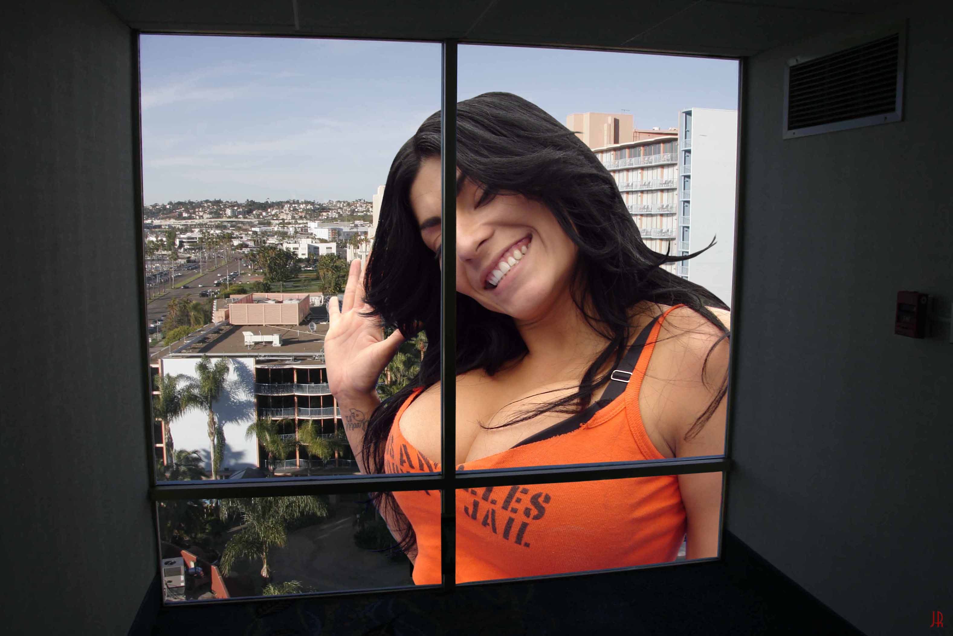 125021 - black_hair buildings city cleavage collage giantess jr looking_in outside_window smile wave