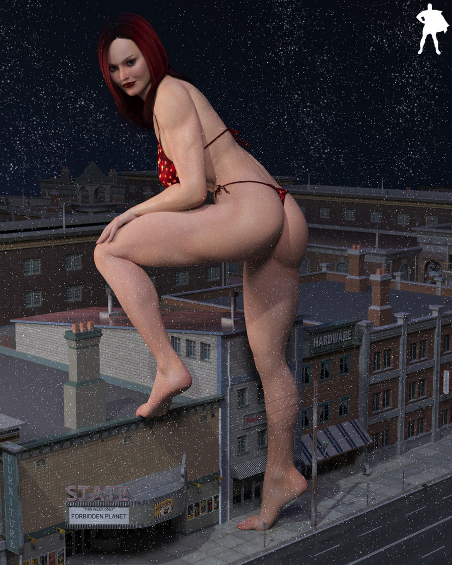 161825 - giantess legs looking_at_viewer mega_giantess nighttime poser red_hair snowing swimsuit thong