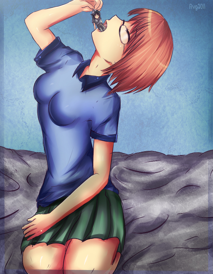 162641 - ayumi170 between_fingers color drawing giantess glasses mouth shrunken_man skirt vore
