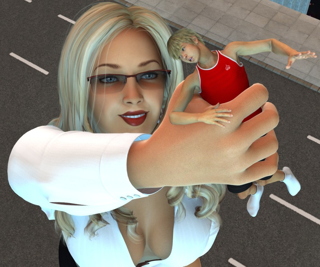 161874 - blonde boomgts city cleavage downward_angle giantess glasses handheld held_up kidnapped looking_at_victim poser small_man street