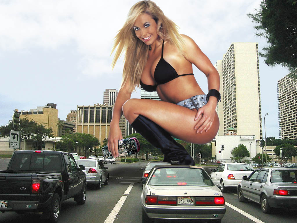 165824 - blonde boots buildings car cars city cleavage collage giantess handheld looking_at_viewer smile squatting stacy_keibler street wonderslug