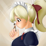 1551 - anime blonde clothed color drawing female gentle giantess kanahebi kiss maid_outfit ponytail ribbon shrunken_men