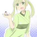 168785 - gentle giantess green_eyes green_hair handheld kimono pigtails small_man unknown_artist