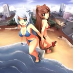 163610 - beach blue_bikini brunette cat_ear cat_girl cityscape giantess large_breast long_hair red_bikini silver_hair