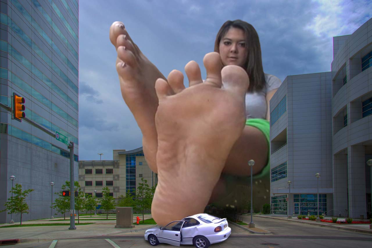 155251 - asian barefoot buildings city clouds collage crushed_car giantess looking_at_viewer sitting sky soles