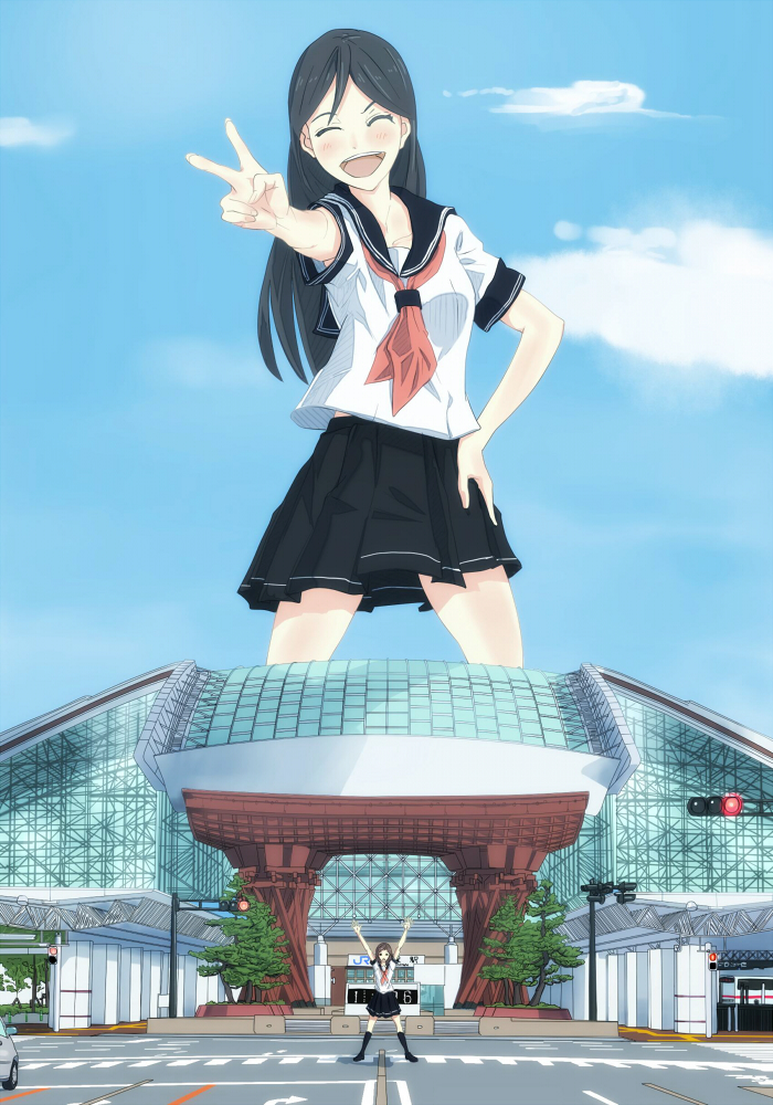 158876 - building clouds color drawing giantess point_of_view skirt sky tie uniform upward_angle