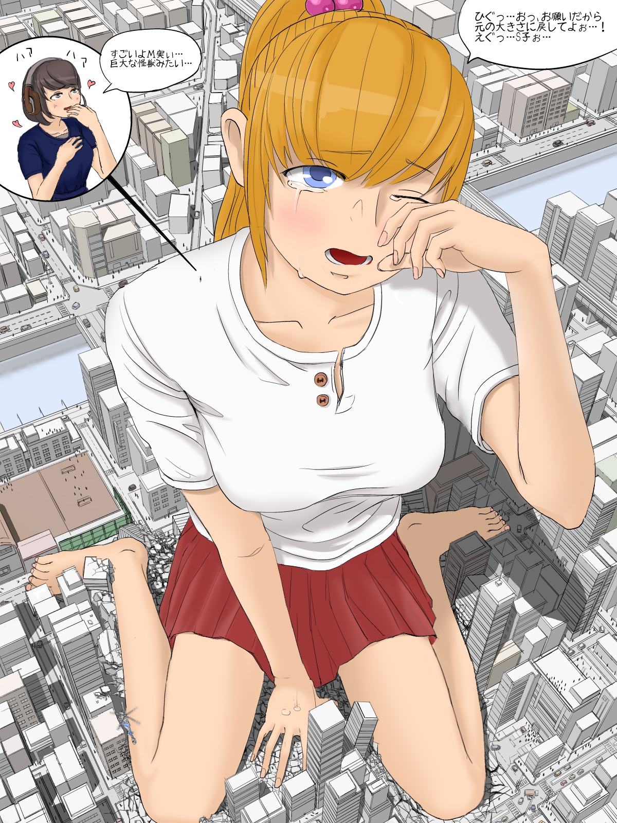 156984 - buildings city clothed color crushed_buildings crying destruction drawing feet mega_giantess sitting skirt skyscrapers underneath uru