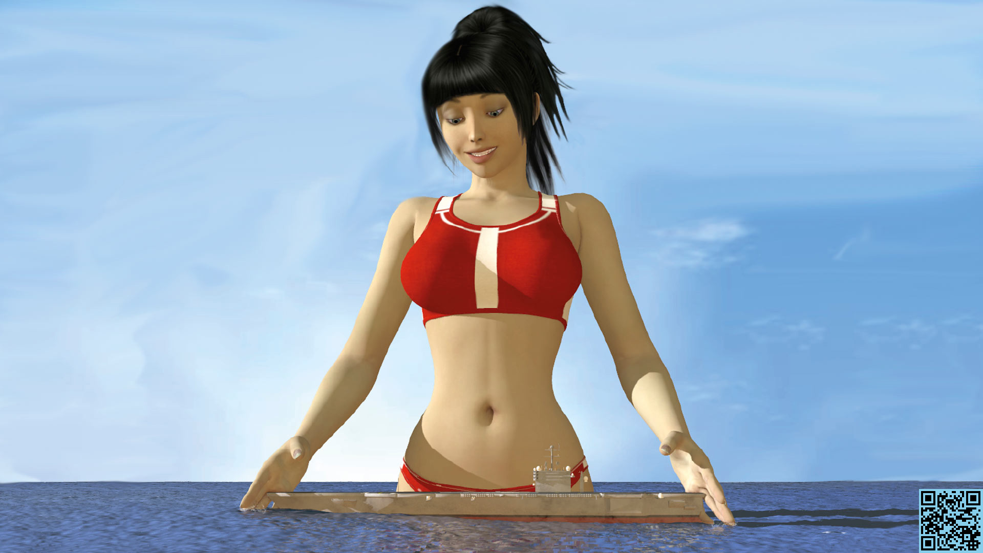 160766 - black_hair blue_eyes boat giantess giants_and_the_city looking_down ocean poser red_bikini smiling