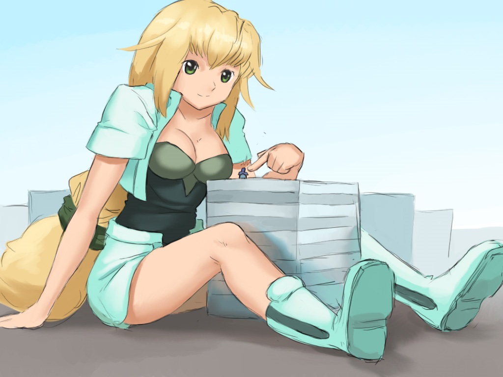 161945 - blonde boots building city clevage color drawing excel_saga finger giantess green_eyes looking_at_victim pogojo sitting small_man