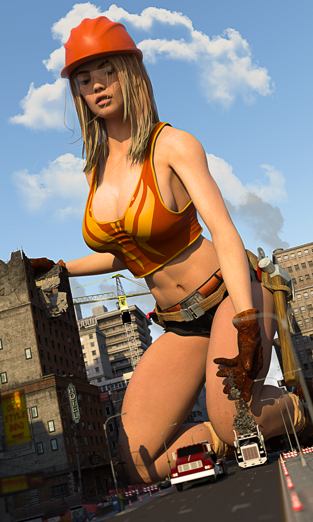 162815 - buildings building_demolition city cleavage clouds construction demolition giantess hard_hat low_angle mike973 poser safety_glasses sky street trucks