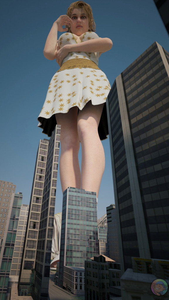 164793 - buildings city cleavage dress emilia_greyheart giantess looking_at_viewer looking_down low_angle mk_cuf poser short_hair skyscrapers tiny_mk