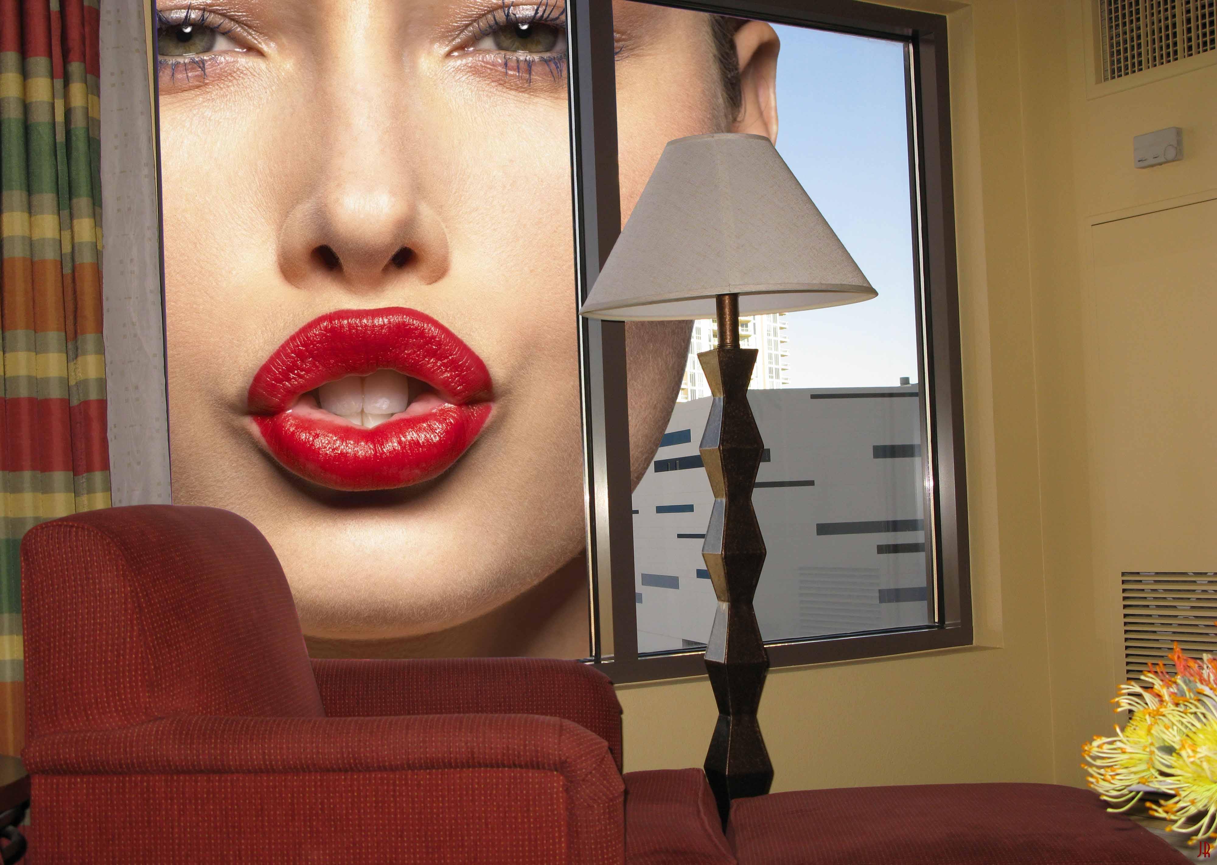 32367 - close_up collage giantess giantess_face green_eyes jessica_biel living_room looking_at_viewer mouth outside red_lipstick unknown_artist window