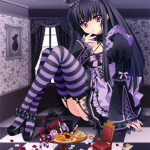 148632 - alternate_alice_in_wonderland anime bows color growth pie purple purple_eyes shoes striped_thigh_highs