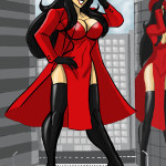 167783 - boots buildings cape city cleavage color drawing giantess giant_girl gloves hat helicopter johnnyharadrim long_hair red reflection sky street