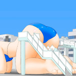1527 - anime blonde blue_eyes butt color drawing feet giantess kanahebi mega_giantess swimsuit
