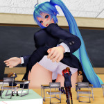 168020 - blue_hair blushing butt chairs classroom desk digital_drawing giantess looking_at_viewer looking_down panties point_of_view school_uniform skirt