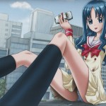 140031 - anime buildings car city color drawing giantess holding_police_car knee_socks sitting street