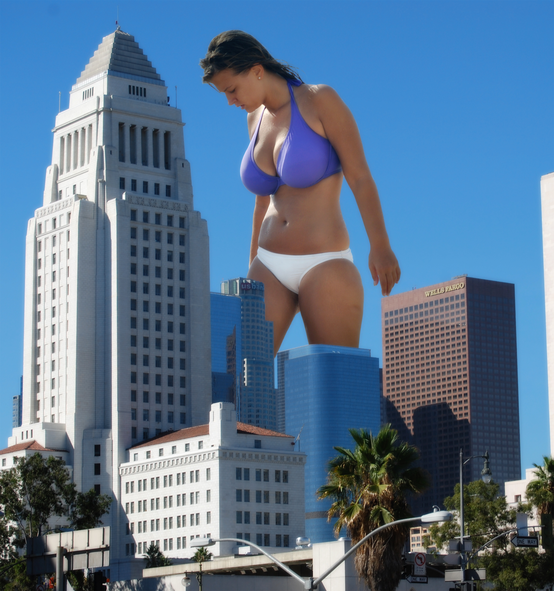 169786 - bikini_top brunette buildings city cleavage collage giantess panti...