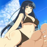 170791 - anime barefoot black_hair blue_eyes blushing color drawing foot ikaruga kamelie point_of_view senran_kagura swimsuit