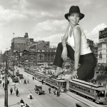 162140 - 1950s buildings charisma_carpenter city clothed collage giantess giantesscity hat high_heels kneeling monochrome small_people smile street