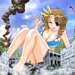 134683 - anime brunette city destruction giantess large_breasts shiny sitting swimsuit