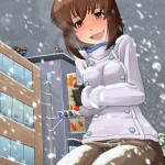 171665 - ao-yume black_hair blushing brown_eyes brunette clothed coat giantess gloves open_mouth short short_hair sitting snow tears umbrella winter
