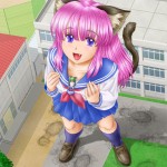 112075 - anime asian cat_girl color crush drawing female footprints giantess mouse_boy pink_hair school_uniform shoes woman