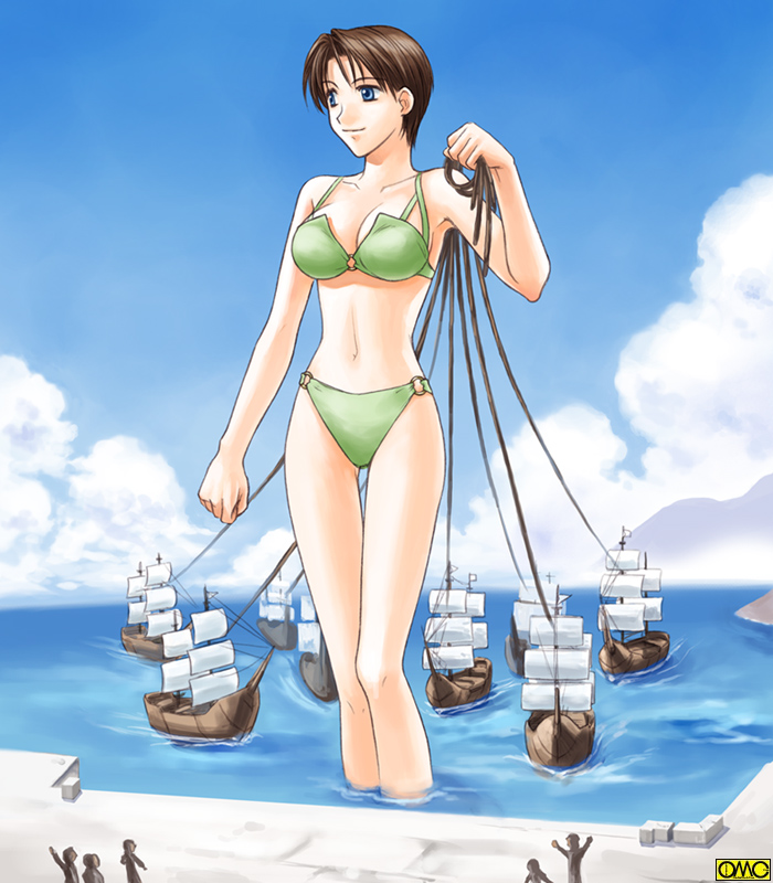 87413 - anime drawing giantess goddess ocean omc ships swimsuit.
