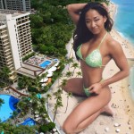 180152 - asian beach buildings cleavage collage downward_angle gail_kim giantess kneeling looking_at_viewer lowerrider resort sand swimsuit