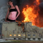 181776 - ball_cap belly_button_ring building collage destruction fire giantess hat looking_at_viewer unknown_artist warehouse